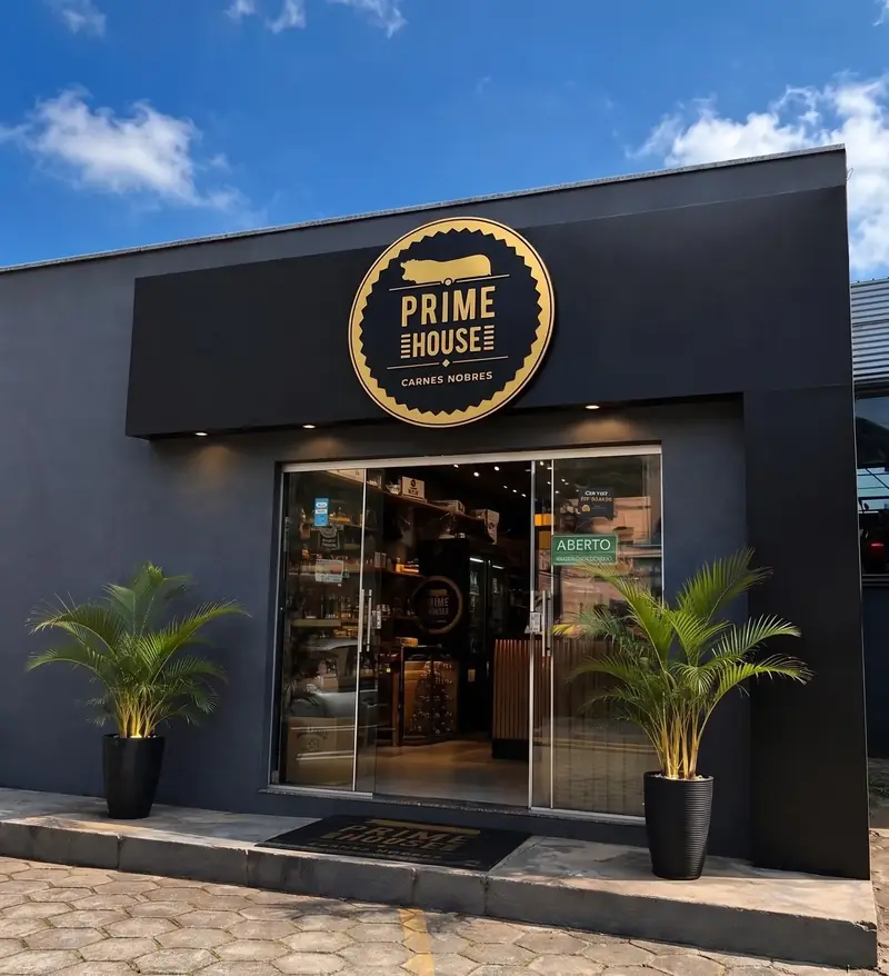 Fachada preta da Prime House com o selo dourado sobre a porta de vidro